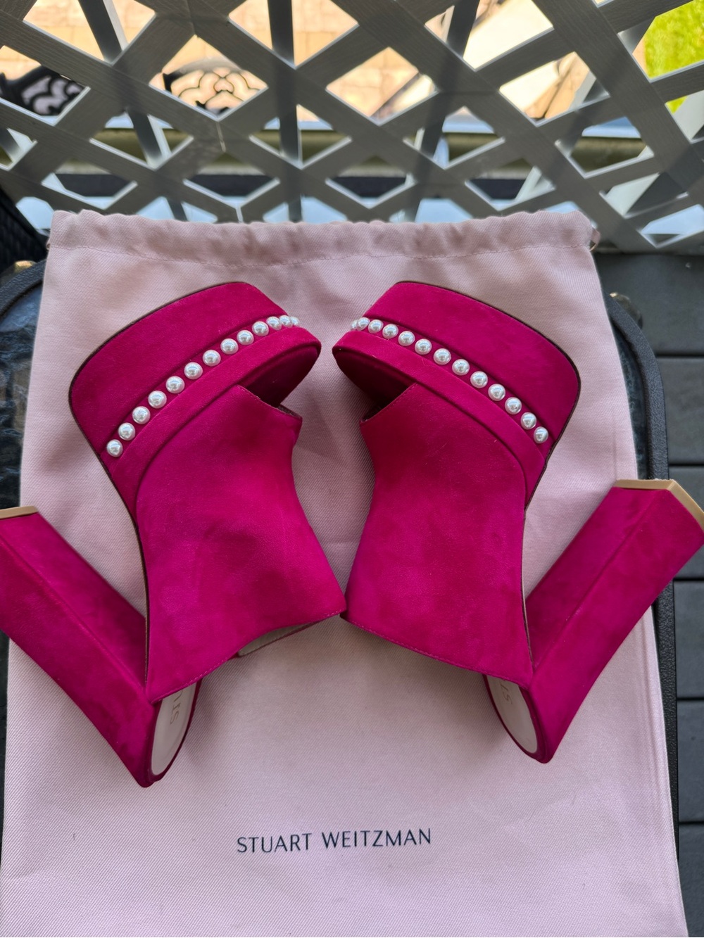 Stuart Weitzman SkyHigh Hot Pink Pearl-Trim Studded Platform Mules Sandals - Picture 6 of 8